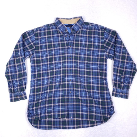 Vintage Tommy Hilfiger Plaid Flannel Button Shirt XL Blue Green Cotton 90s - Picture 1 of 9